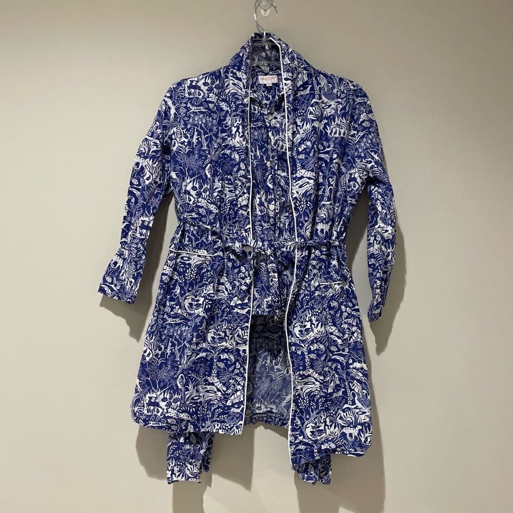 EUC Derek Rose London 3-Piece Pajama & Robe Set Royal Blue Jungle Toile Sz.11-12